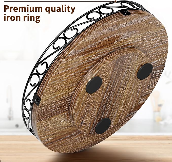 13" Lazy Susan Turntable Organizer for Table Top, Wood Lazy Susan Cabinet | Farmhouse Rotating Decor Tray for Dining Table, Pantry, Kitchen Countertop, Spice, Bathroom Vanity, Round Patterned Rim,Brown - Image 5