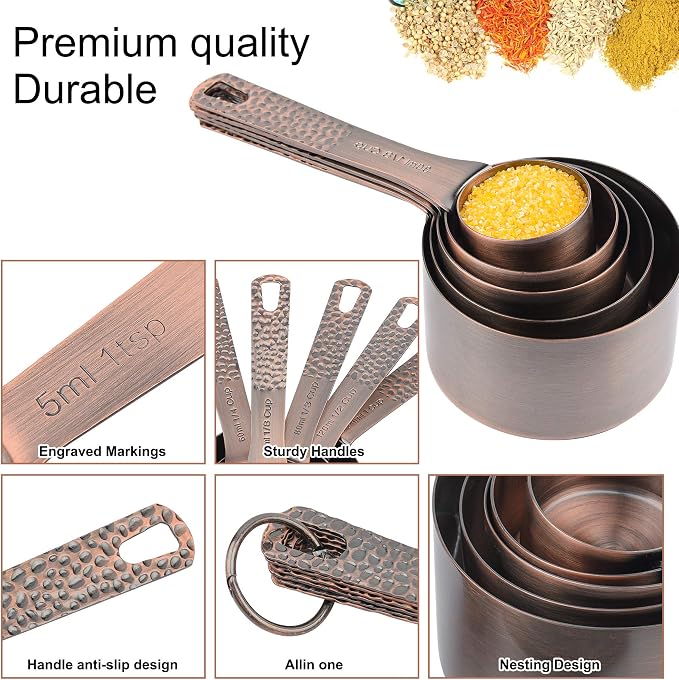 Copper Measuring Cups and Spoons Set, Stainless Steel Measuring Tools Set for Baking & Kitchen, Metric & US 4 Copper Plated Measure Cups and 5 Measure Spoons with Leveler for Wet & Dry - Image 6