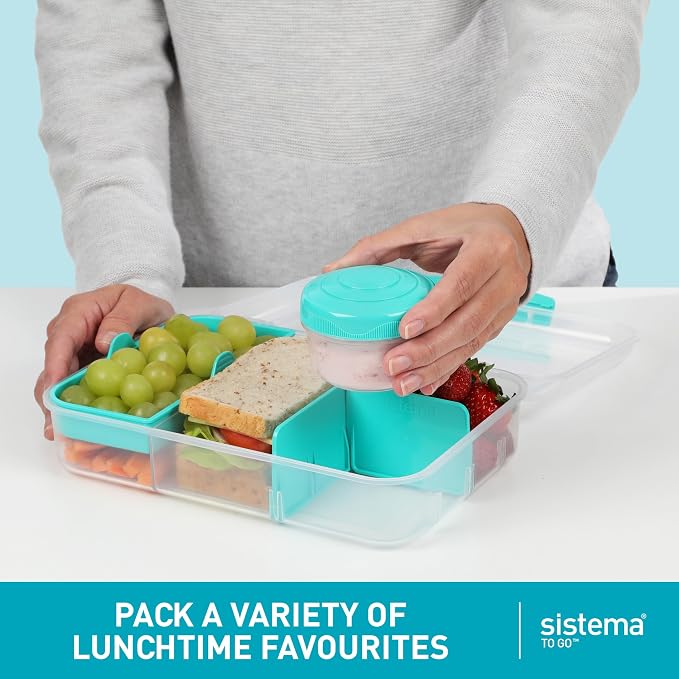 Sistema To Go 1.48L (2-Pack) Bento Box Food Storage Containers, School Lunch Boxes with Removable Dividers & Snack Pot, Two 1.48L Containers, Freezer, Microwave, & Dishwasher-Safe, BPA-Free - Image 3
