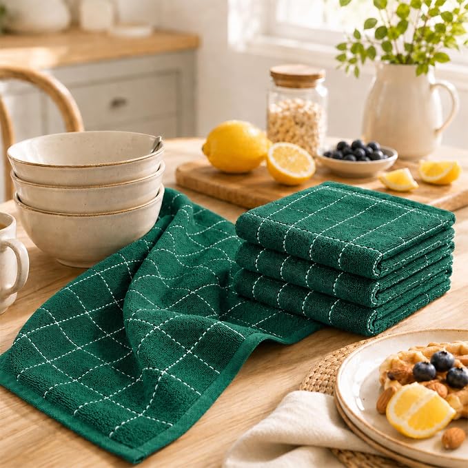Kitinjoy 100% Cotton Terry Kitchen Towels, 13”x 28”, 4-Pack,Dark Green | Checkered Designed, Ultra Soft Absorbent Quick Drying Dish Towels - Image 3