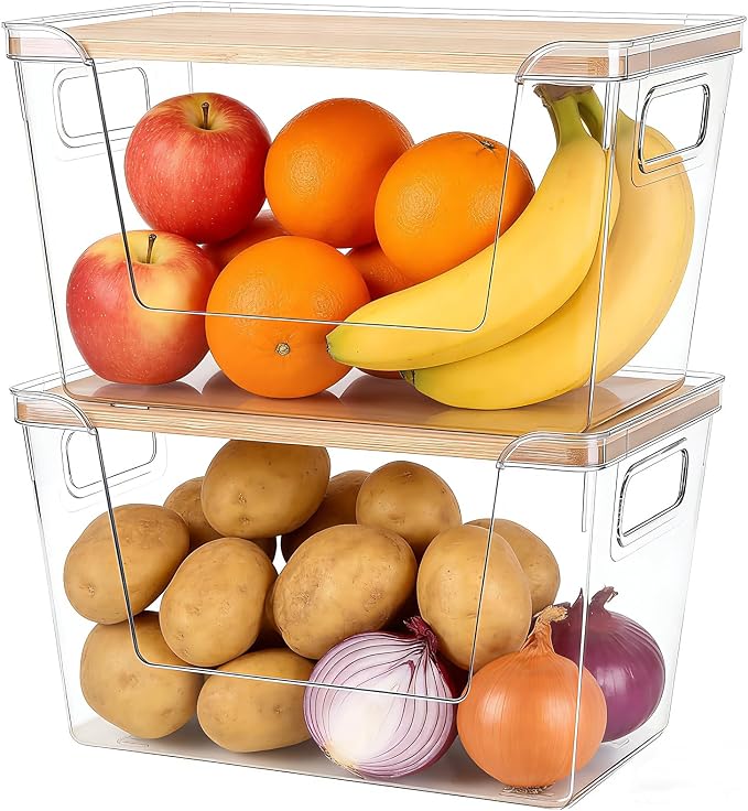 2 Set Potato And Onion Storage Bins with Bamboo Lid, Clear | Stackable Pantry Organizers And Storage, Front Open Fruit And Vegetable Storage, Kitchen Counter Storage, Fruit Basket by Hiziwimi