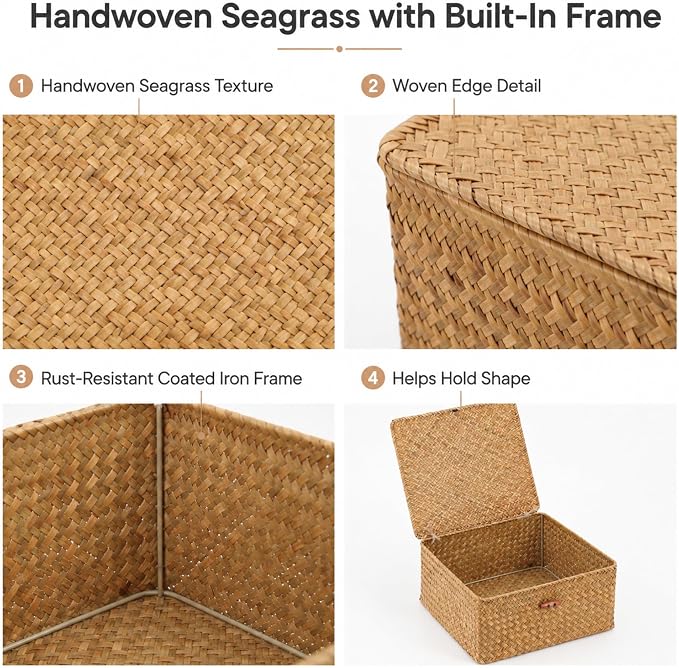 Square Handwoven Seagrass Wicker Storage Baskets with Lids, Set of 3 | Attached lids and internal iron frames help each basket hold its shape; compatible with IKEA KALLAX cube shelving. - Image 7