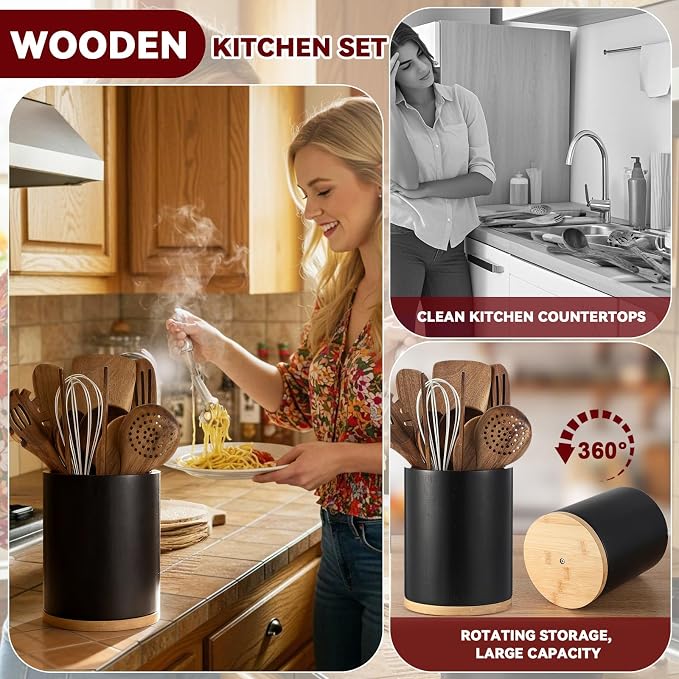 SiliFine 11 Pcs Wooden Kitchen Utensils Set with 360° Rotating Holder Acacia Wood Cooking Utensils with Cooking Spoons Spatulas for Nonstick Cookware Countertop(Straight Wood Holder,Black) - Image 5