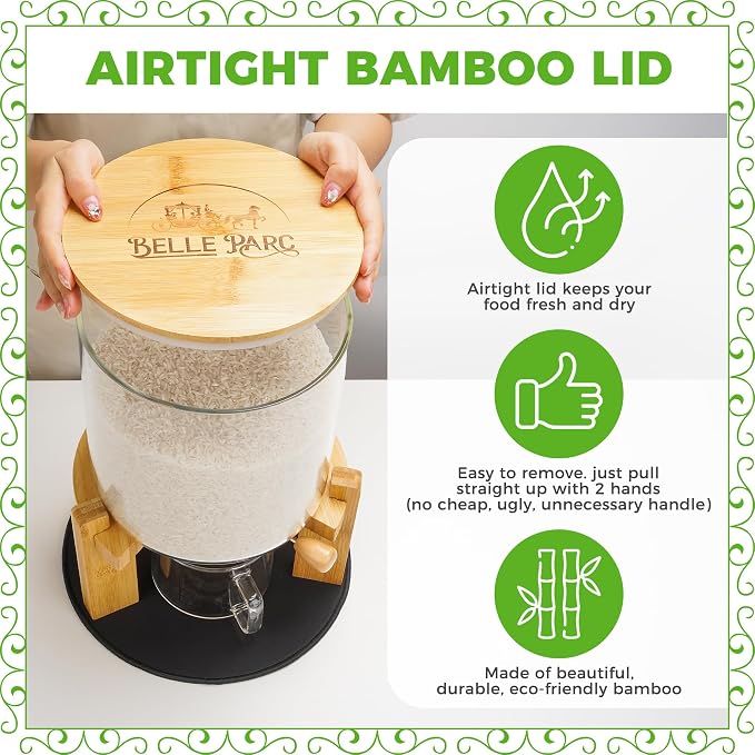 Glass Rice Dispenser 10 lbs, with Airtight Lid & Labels & Slider mat. Make your glass rice container Glass AND Bamboo rice container! Best 5L capacity grain dispenser and rice holder - Image 2