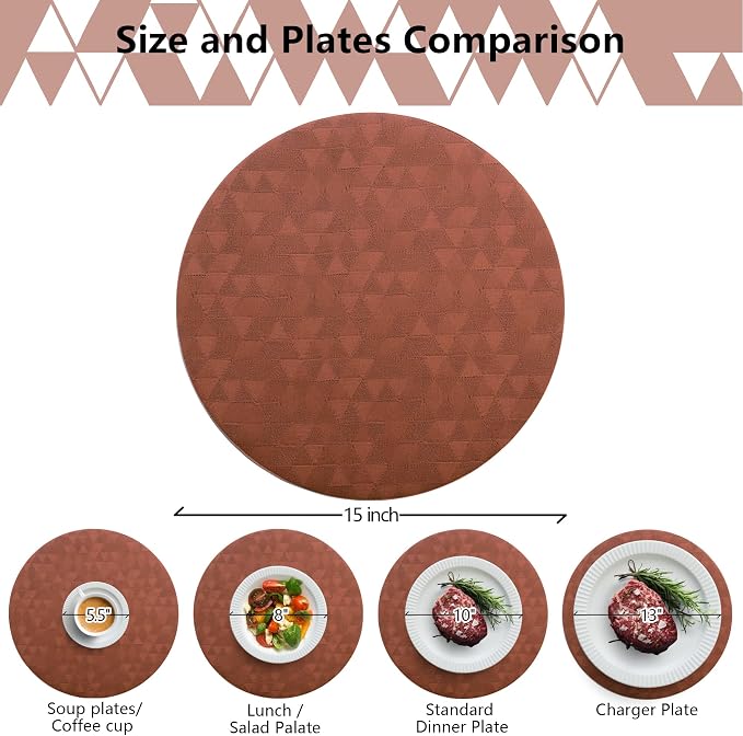 Jovono Upgraded 15" Round Placemats Set of 6, Waterproof & Oil-Proof, Non-Slip Reversible Washable Big Table Mats, Spill-Proof for Kids Families, Restaurant, Hotel, Kitchen, Indoor, Brown - Image 4
