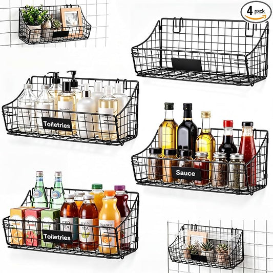 Blulu 4 Pcs Black Grid Wall Baskets, Metal Wire Wall Basket with Hooks Hanging Storage Organization Accessory for Vendor Trade Shows Kitchen Bathroom Pantry Supplies(15 x 7 x 6 Inch) by Blulu