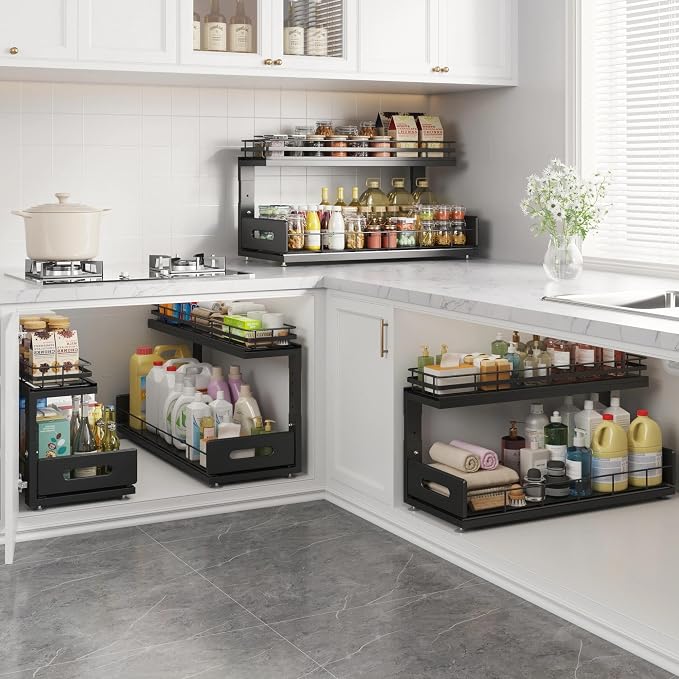 Under Sink Organizer Upgrade To Professional Rails,2-Tier Dual Pull Out Cabinet Storage,Height Adjustable Slide Out Drawers For Bathroom Kitchen,1 Pack-21"Dx12.8"-16.9"H,Black - Image 7