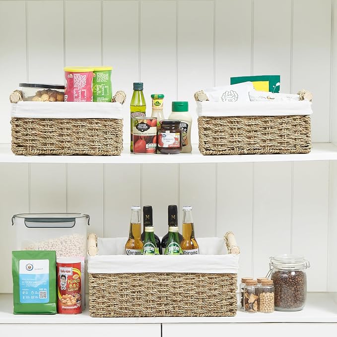 Wicker Storage Basket, 3-Packs Seagrass Storage Baskets for Organizing, Large Cube Storage Organizer Baskets Bins with Handles for Shelves Decor, Small Toilet Paper Storage Basket (Seagrass) - Image 8