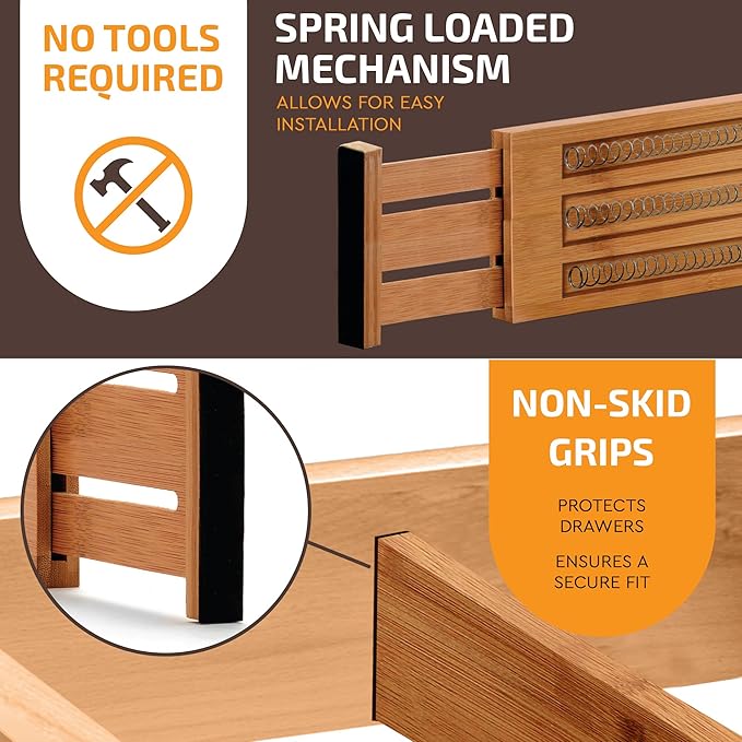 6-Pack Drawer Dividers 6-Inch High Dresser Drawer Organizer 11.5 to 17 Inch | Bamboo, Spring Loaded, No Tools Needed, for Clothes, Utensils, Socks and Deep Drawers in Bedroom, Bathroom, Kitchen, Office - Image 7