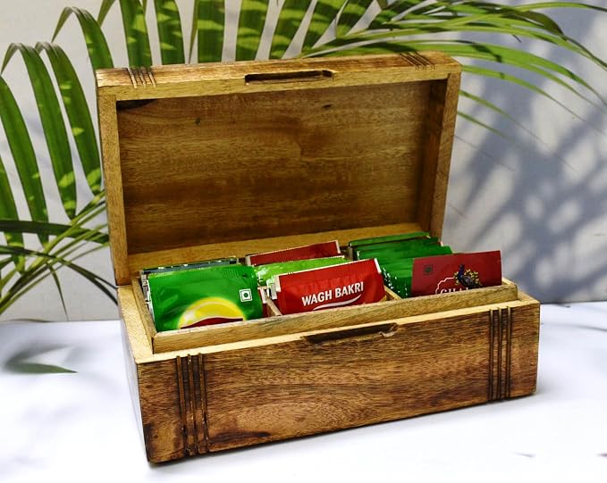 Wood Tea Box - Tea Box for Tea Bags Organiser - Engraved Hardwood Tea Chest with 6 Compartments - Tea Storage Box Multi Functional - Wood Tea Box Organiser - 10 x6 inch (6 compartment box) - Image 4