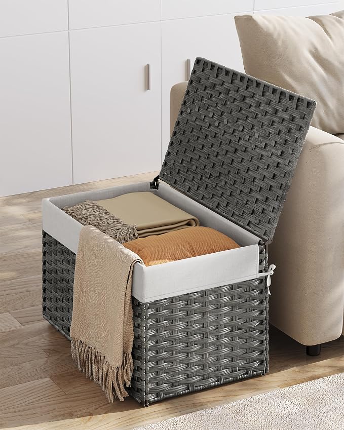 SONGMICS Storage Basket with Lid, Woven Blanket Storage Bin with Handles, Foldable, Removable Liner, Metal Frame, for Bedroom, Laundry Room, 27.7 Gallons (105 L), Gray URST066G01 - Image 4