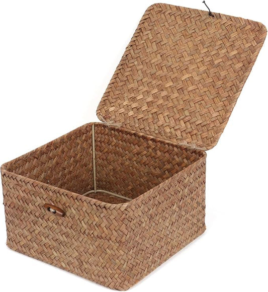 Moosky Wicker Shelf Baskets with Lid, Handwoven Seagrass Storage Basket Bins Square Gift Boxes for Shelves Home Decor Organizer (Coffee, Small) by Moosky