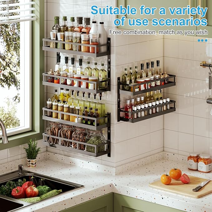 X-cosrack 6-Tier Wall-Mounted Spice Rack Organizer with Mixed Basket Sizes, Height-Adjustable Hanging Spice Shelf for Kitchen Pantry Cabinet, Large-Capacity Seasoning Holder, Black - Image 2