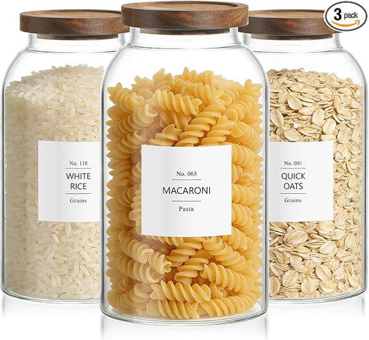 88oz Large Glass Storage Jars with Airtight Acacia Lid and 126 Kitchen Pantry Labels Set of 3, Clear Food Storage Containers for Rice, Pasta, Oats, Cookies and Dry Food by Aqziill
