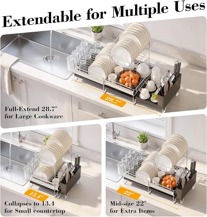 Delamu 2 Tier Dish Drying Rack, Large Dish Racks for Kitchen Counter, Stainless Steel Multifunctional Dish Drainer with Cutlery & Cup Holders, Extendable from 13.4 to 28.7 in, Black - Image 2