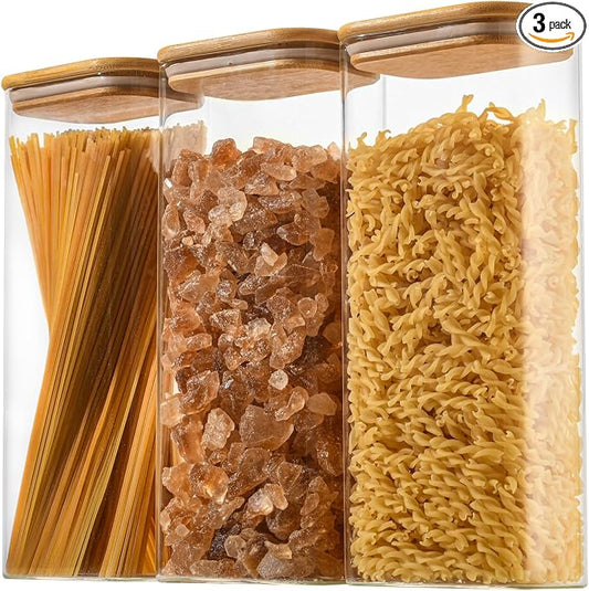 D2scrma 71oz Rectangle Airtight Glass Storage Containers with Bamboo Lids (Set of 3), Square Food Storage Jar, Pantry Organizers for Sugar, Flour, Spaghetti and Coffee beans (‎with Black Lable) by Delicatedtoservicecustomer