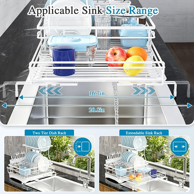 2 Tier Dish Drying Rack, Large Extendable Dish Racks for Kitchen Counter , Dishrack with Drainboard, 2-in-1 Anti-Rust Stainless Steel Dish Drainer with Utensil Holder (White, double of Dish Rack) - Image 5