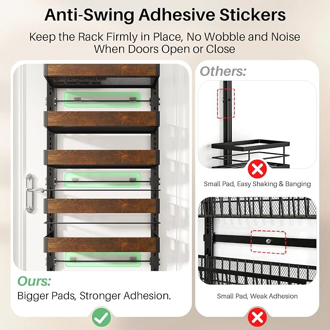 SNTD 8 Tiers Wooden Over Door Organizer, 17" W x 6" D x 69" H, Rustic Brown | Pantry Door Organizers and Storage, Height Adjustable Spice Rack, Dense Mesh Baskets, Anti-Swing, Adjustable Door Fastener - Image 6