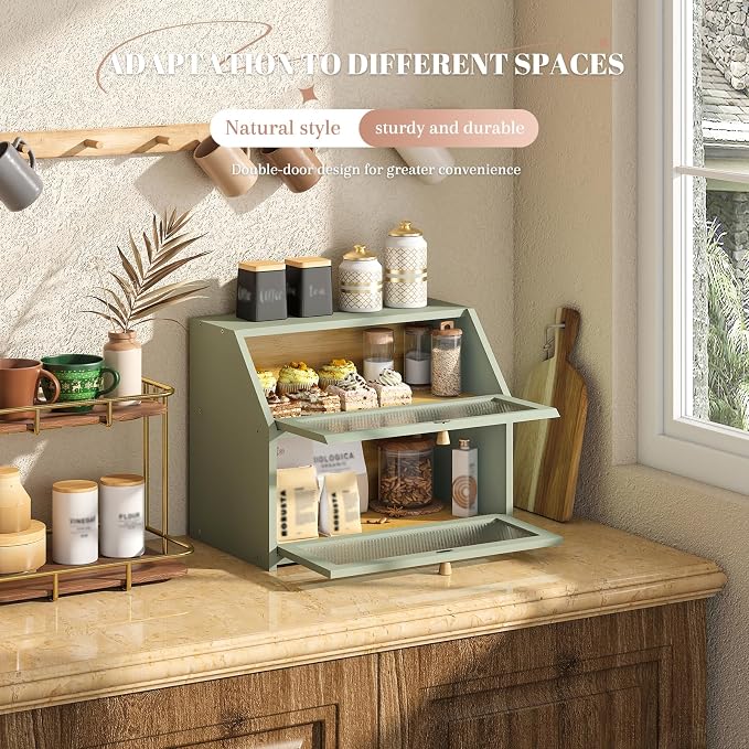 STDDRE Bread Box for Kitchen Countertop Bin Double Layer Bread Box Storage Container Extra Large Capacity Farmhouse with Diamond Pattern Windows (Green, Large) - Image 5