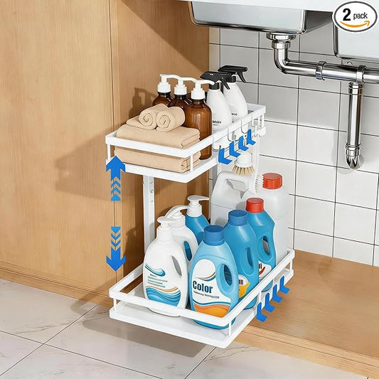 2-Tier Metal Pull-Out Under Sink Organizer, White, 1 Pack | Carbon steel 2-tier shelf, ball-bearing pull-out, adjustable height, no-drill setup, for bathroom and kitchen cabinets by jcylq