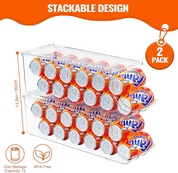 SCAVATA 2 Pack Soda Can Organizer for Refrigerator, Stackable Canned Food Pop Cans Container Can Holder Dispenser with Lid for Fridge Rack Freezer, Clear Storage Bins-Holds 12 Cans Each (Clear) - Image 2