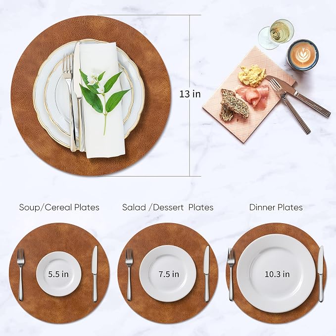ADRIMER Placemats, Heat Resistant Round Placemats Set of 4 Washable, Waterproof Table Mats, Wipeable Faux Leather Place Mats for Kitchen, Dining Room, Turmeric Brown+Light Brown+Green+Blue - Image 3