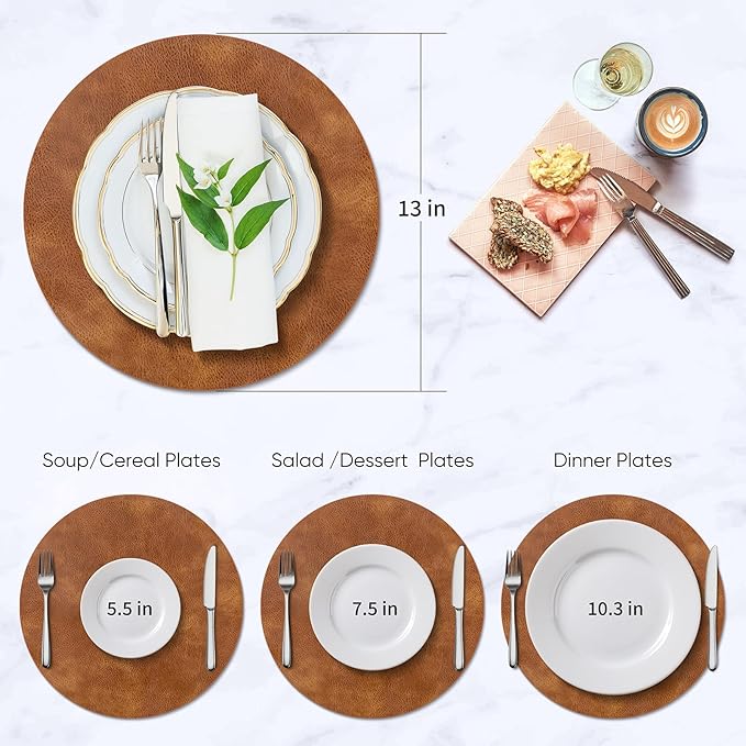 ADRIMER Placemats, Heat Resistant Round Placemats Set of 4 Washable, Waterproof Table Mats, Wipeable Faux Leather Place Mats for Kitchen, Dining Room, Turmeric Brown - Image 3