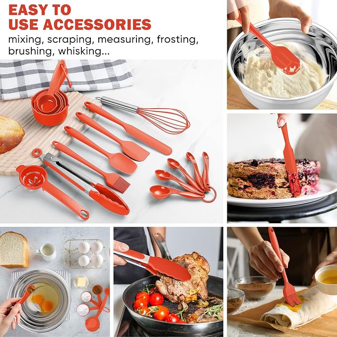 E-far Mixing Bowls with Lid Set, 25PCS Stainless Steel Nesting Prep Bowls with Grater Attachments Utensils Non-Slip Bottoms for Cooking, Baking, Serving, Food Storage, 4.6/2.6/2/1.5/1/0.7QT - Red - Image 5