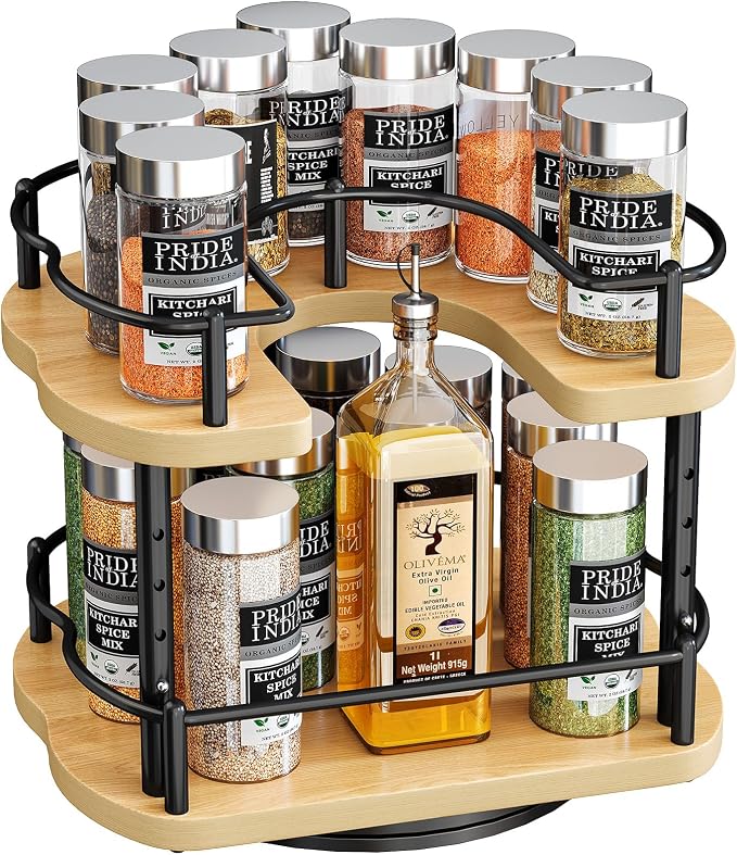 SNTD Lazy Susan Organizer Spice Rack - Spice Organization for Cabinet Height Adjustable Rotating Lazy Turntable, Pantry Kitchen Wood Revolving Seasoning Organizer (Natural, 9 Inch) by SNTD