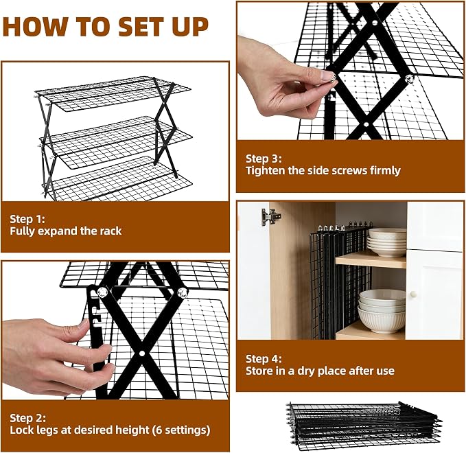 3 Tier Collapsible Cooling Rack Sourdough Cooling Rack 17"x10" | Cooling Racks for Cooking and Baking, Roasting, Grilling, Adjustable 6 Setting Design stackable, Oven & Dishwasher Safe - Image 5