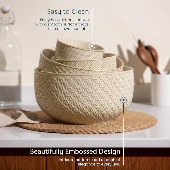 KooK Ceramic Mixing Bowls, Nesting Set of 4, Embossed Kitchen Dishware, Prep, Serving, Gift, Microwave and Dishwasher Safe, 20/44/98/145 oz, Narbonne Collection (Almond) - Image 2