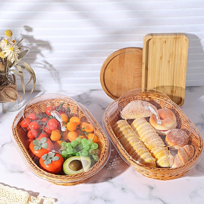 Hushee 2 Set Imitation Rattan Bread Basket with Lid Wicker Bread Baskets for Serving Woven Fruit Basket with Cover Oval Food Baskets for Food Vegetables Display(13.78 x 9.84 Inch) - Image 6
