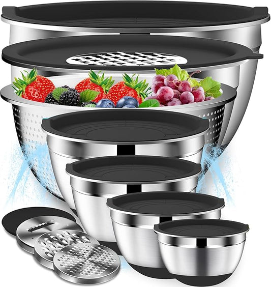 DUTZUN Mixing Bowls with Lids Set - 16pcs Stainless Steel Mixing Bowl Set with Colander, 3 Grater Attachments, Non-Slip Bottom, Metal Nesting Bowls with Strainer for Mixing & Serving - Black by DUTZUN