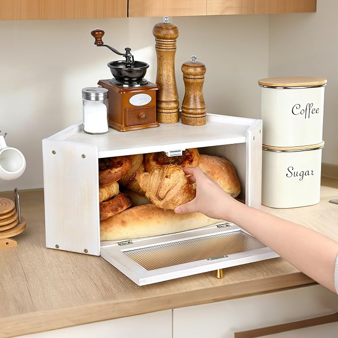 Bread Box for Kitchen Countertop with Acrylic Window White | Farmhouse Bread Storage Container, Large Pantry Organizers for Homemade Snacks, Loaves, Breathable Keeps Bread Fresh - Image 2