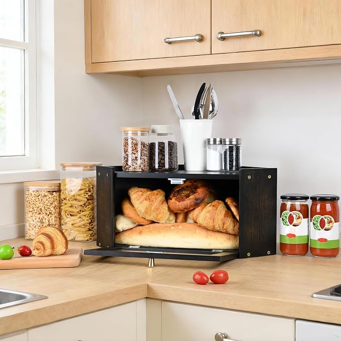 Bread Box for Kitchen Countertop with Acrylic Window Black | Farmhouse Bread Storage Container, Large Pantry Organizers for Homemade Snacks, Loaves, Breathable Keeps Bread Fresh - Image 4