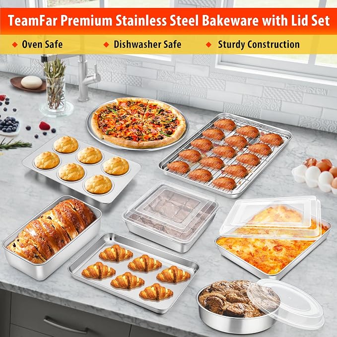 TeamFar Stainless Steel Bakeware Set of 9 | Baking Sheet with Rack, Baking Pan & Pizza Pan, Lasagna Pan with Lid, Square & Round Cake Pan with Lid, Muffin & Loaf Pan - Image 3