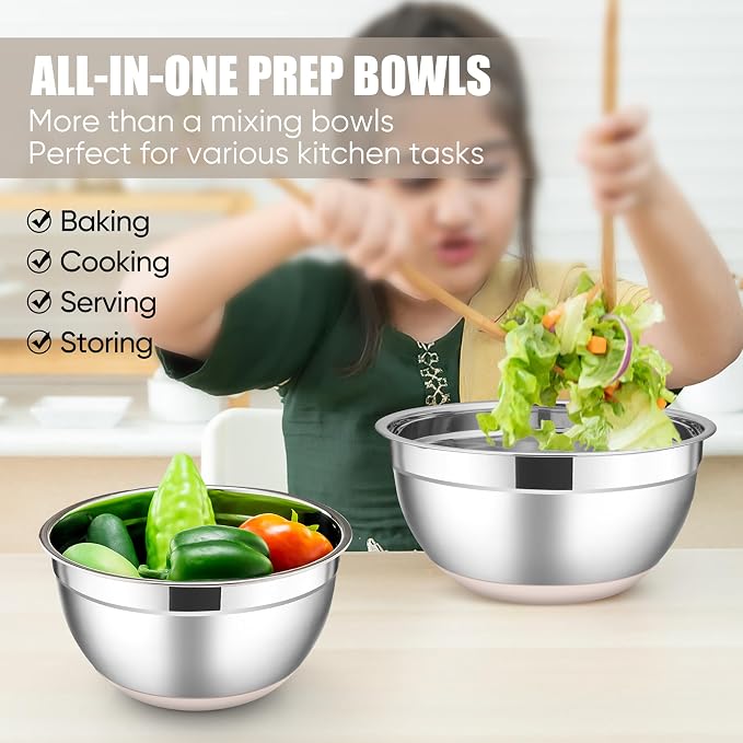 E-far Stainless Steel Mixing Bowls with Lids Set, 5-Piece Nesting Salad Bowls with 3 Grater Attachments and Non-Slip Bottoms, Size 4.6, 2.6, 2, 1.5, 1QT for Kitchen (Khaki) - Image 7