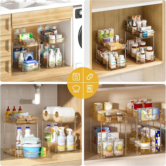 Delamu 2-Tier Under Sink Organizers and Storage, Multi-Purpose Stackable Bathroom Cabinet organizers, Pull Out Kitchen Pantry Organization and Storage with Dividers(3 Pack, Amber) - Image 4