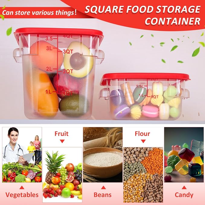 Yungyan 16 Pcs Restaurant Food Storage Containers with Lids Set 2Qt and 4Qt Commercial Restaurant Square Storage Containers Clear Food Cereal Container for Kitchen Freezer (Red Lids) - Image 6
