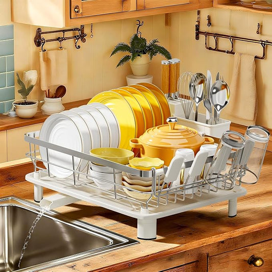 MOUKABAL Stainless Steel Dish Drying Rack for Kitchen Counter, White Silver | 13×17 Large Capacity/Drainboard with Rotating Spout/Removable Cup & Utensil Holders/Fast Drainage/Countertop Dish Drainer by MOUKABALGREATHELPER