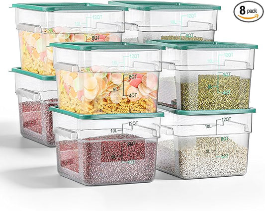 8 Pack 12 QT Food Storage Containers with Green Lids Hot Cold Resistant Stackable Square Commercial Container Set with Handle Scarle Commercial Kitchen service Business BPA-Free Polycarbonate by EGGKITPO