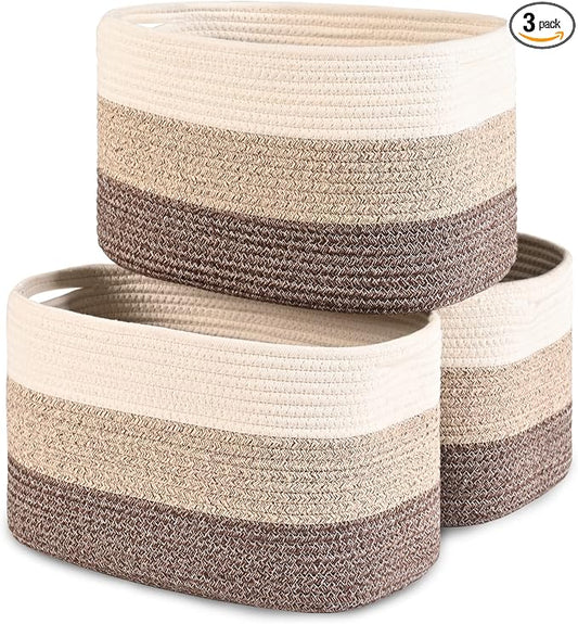 Cotton Rope Storage Baskets for Organizing - 3 Pack, 15"x10"x9" Woven Baskets for Storage, Shelf, Towel, Toys, Nursery, Laundry (White/Brown) by HOMHOLDON