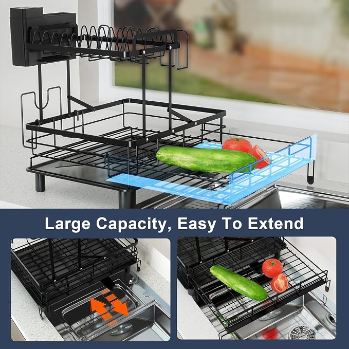 2 Tier Dish Drying Rack - Expandable Dish Rack Over Sink, 304 Stainless Steel Dish Rack for Kitchen Counter, Dish Drainer w Utensil Holder, Drainboard & Cups Holder, Anti-Rust & Space Saving - Image 6
