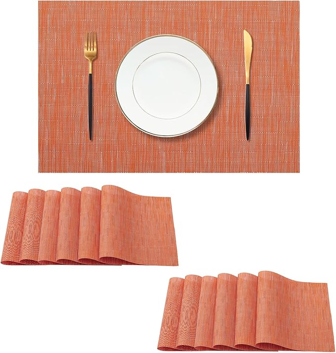 Leetaltree Orange Placemats Set of 12 - Heat Resistant Non-Slip Place mats for Dining Table, Washable Durable PVC Vinyl Woven Table Mats（Orange, 12） by Leetaltree-ArtatEveryTable