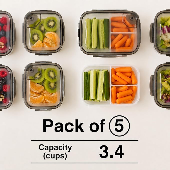 BPA-Free Plastic Airtight Food Storage Containers with Vented Lids, 5-Pack (3.4 Cups Each) for Meal Prep and Leftovers - Image 5