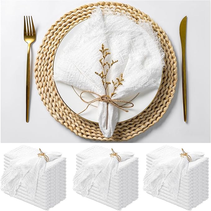 36 Pack White Cloth Napkins Cotton Linen Napkins 16 x 16 Inch White Napkins Cloth Handmade with Fringe Soft Napkins Cloth Washable Rustic Dinner Napkins Cloth for Wedding Party Dinner Table by ABKLESACH