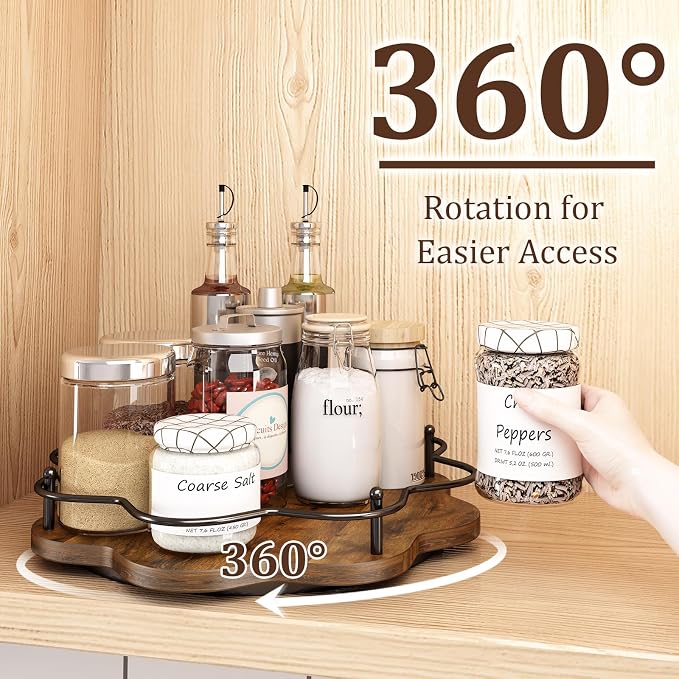12" Lazy Susan Turntable Organizer,Round Wooden Lazy Susan Organization and Rotating Spice Rack for Dining Table,Pantry,Kitchen Countertop,Vanity,Cupboard and More.Vintage Wood(Petal Shape) - Image 5
