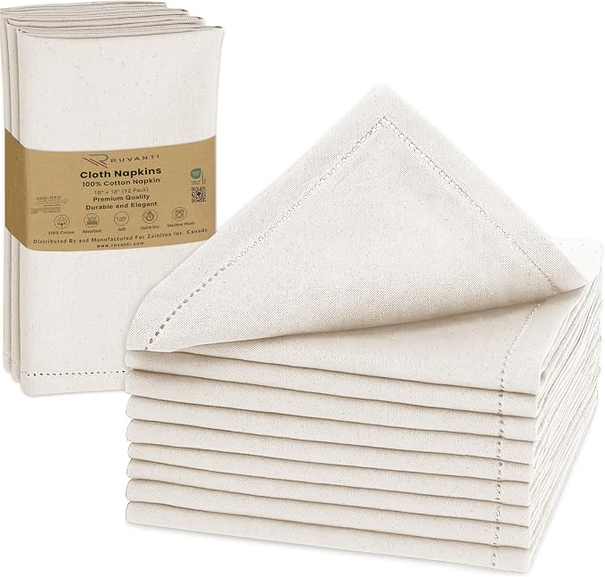 Ruvanti Cloth Napkins Set of 12, 100% Cotton High GSM 18x18 Inches, Hem Stitched Corners, Soft, Washable, Durable & Absorbent, Perfect for Parties, Christmas, Thanksgiving Dinners – Natural Color by Ruvanti
