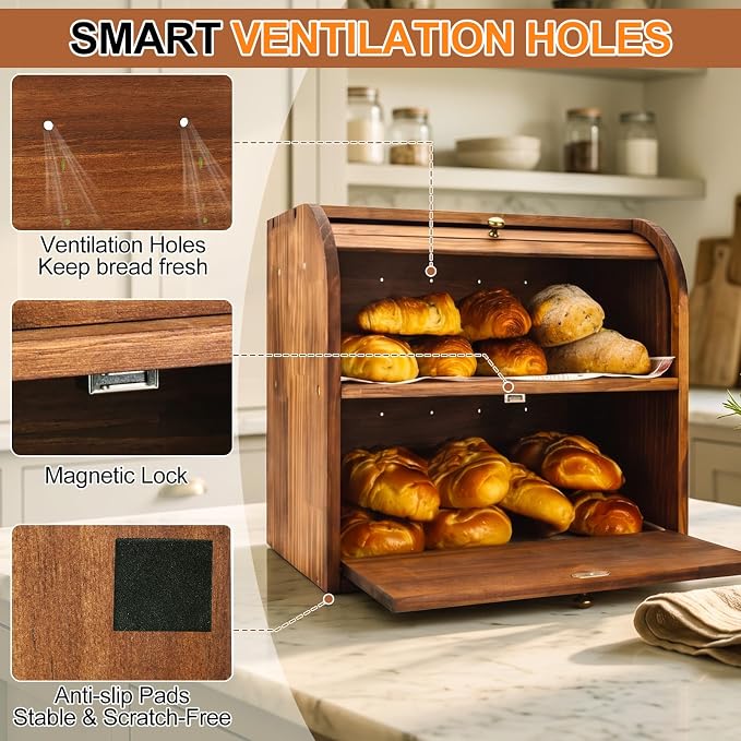 Alpeir Roll Top Bread Box with Cutting Board for Kitchen Countertop, Brown | Large Breadbox with Ventilation Holes, Double Layer Pantry Shelf, Wooden Homemade Bread Storage Container, Vintage Farmhouse - Image 7