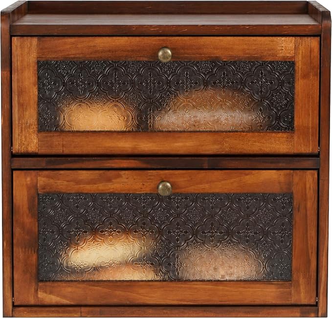 Sunhoo Bread Box for Kitchen Countertop, Large Pine Wood Breadbox, Brown | Farmhouse Pantry Container, Double Layer Storage, Fresh Homemade Sourdough Bin, Vintage Textured Acrylic Door, Easy Assembly by Sunhoo